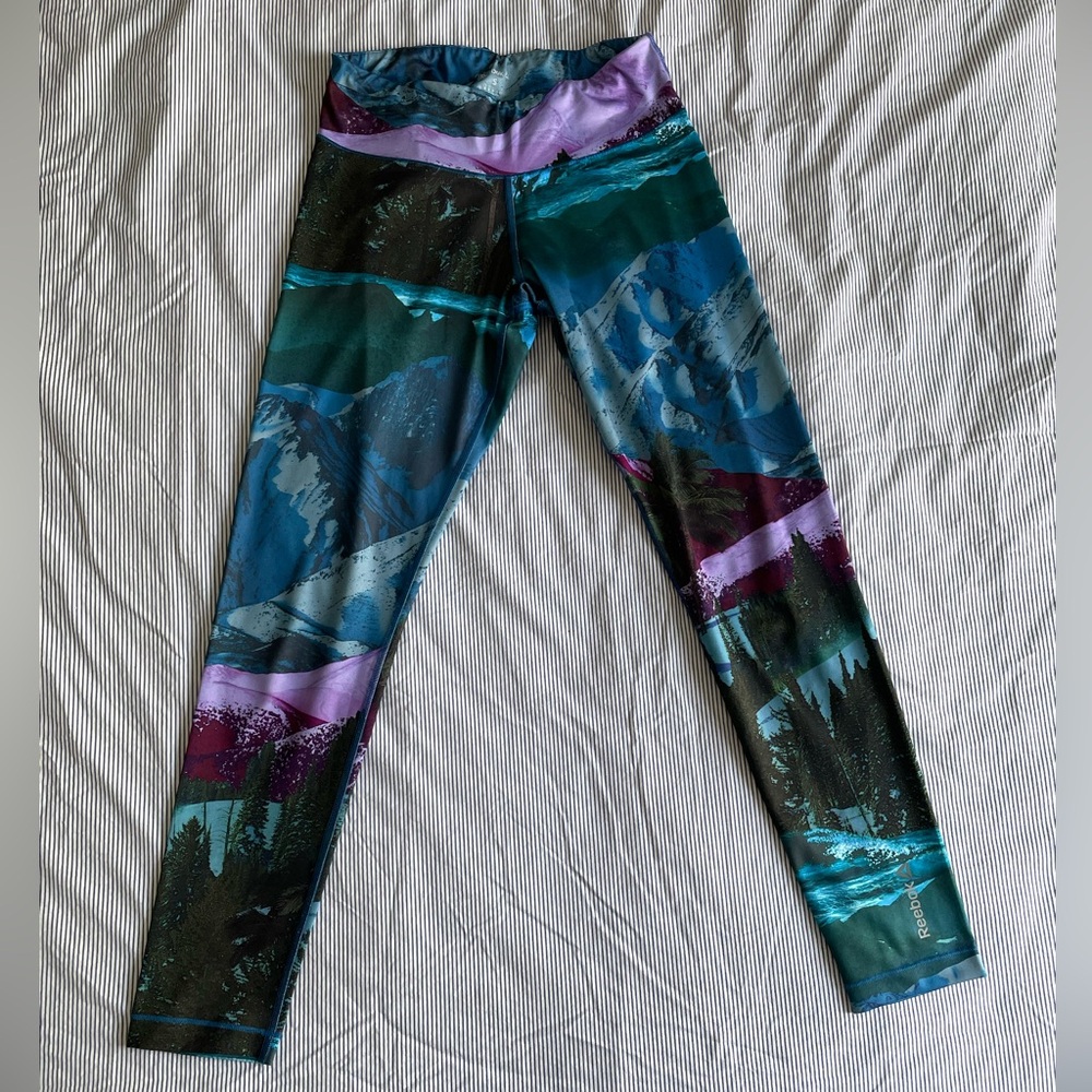 Reebok Blue and Purple Leggings with Cosmic Design